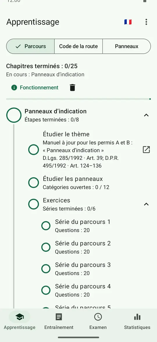Onglet « Apprentissage », section « Parcours » : le chapitre « Panneaux d’indication » est ouvert avec ses étapes